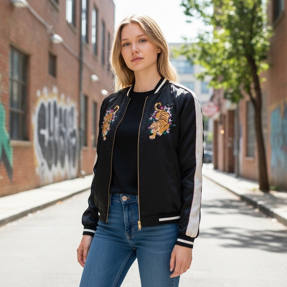 HM Divided Embroidered Tiger Bomber Jacket Black Satin Varsity Size 4